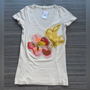 J.Crew Cream V-Neck Top with Colorful Floral Design Size XS NWT